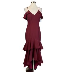 Jarlo Sleeveless High-Low Ruffled Evening Gown Burgundy Red Size 8 Formal Dress